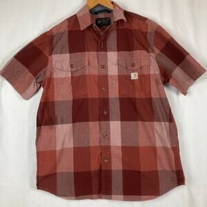 Carhartt Rugged Flex Relaxed Fit Button Shirt Mens L Red Short Sleeve Plaid Flaw
